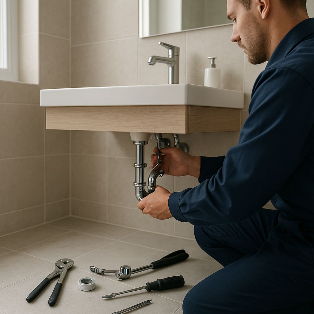 Installateur bei Rohrreparaturarbeiten