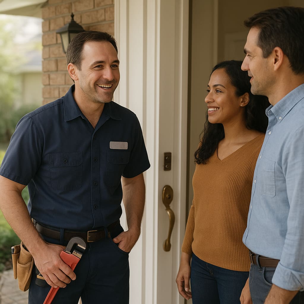 Freundlicher Installateur im Gespräch mit Hausbesitzern